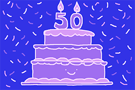 Le dessin d'un gâteau géant à étage surmonté du chiffre 50 lui-même surmonté de 2 petites flammes pour figurer 2 bougies